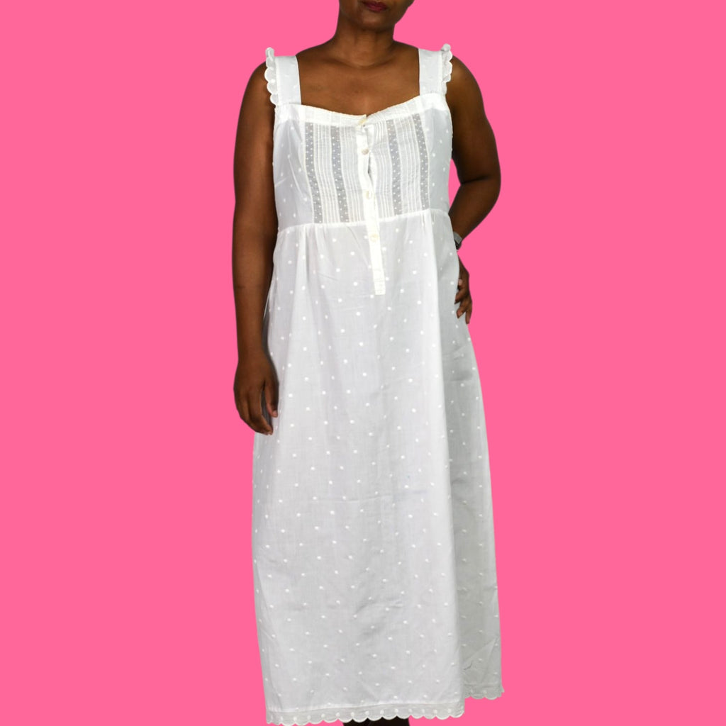 Vintage White Night Dress Cotton Swiss Dot Nightgown Homemade Victorian Prairie Country Pintucks Medium