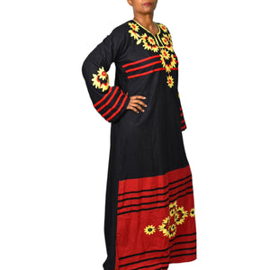 Egyptian Embroidered Caftan Dress Black Long Cover Up Tunic Floral Embroidery Yellow Large