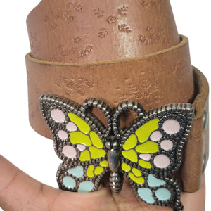 Fossil Butterfly Leather Belt Tan Brown Buckle Retro Hippie Tooled Embroidered Small