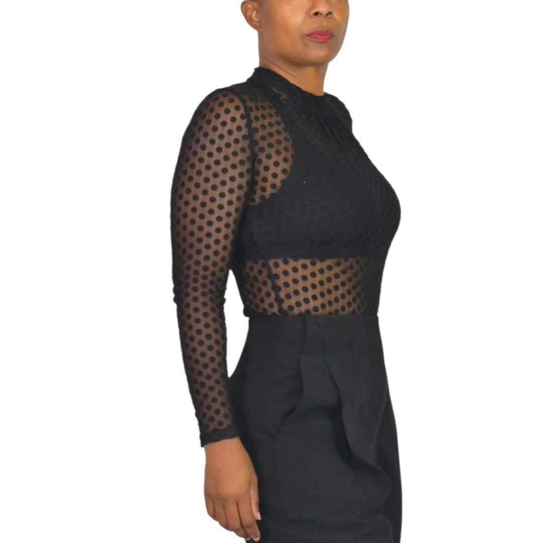 Windsor Sheer Bodysuit Black Flocked Polka Dot Mock Mesh Neck Long Sleeves Top Small