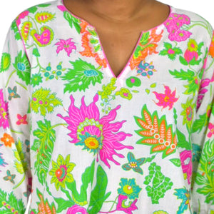 Gretchen Scott Cotton Tunic Pink Colorful Wonderland Top Blouse Cotton Floral Side Slits Split Neck Large
