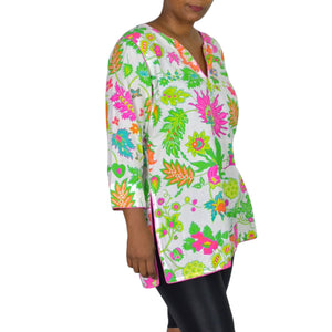 Gretchen Scott Cotton Tunic Pink Colorful Wonderland Top Blouse Cotton Floral Side Slits Split Neck Large