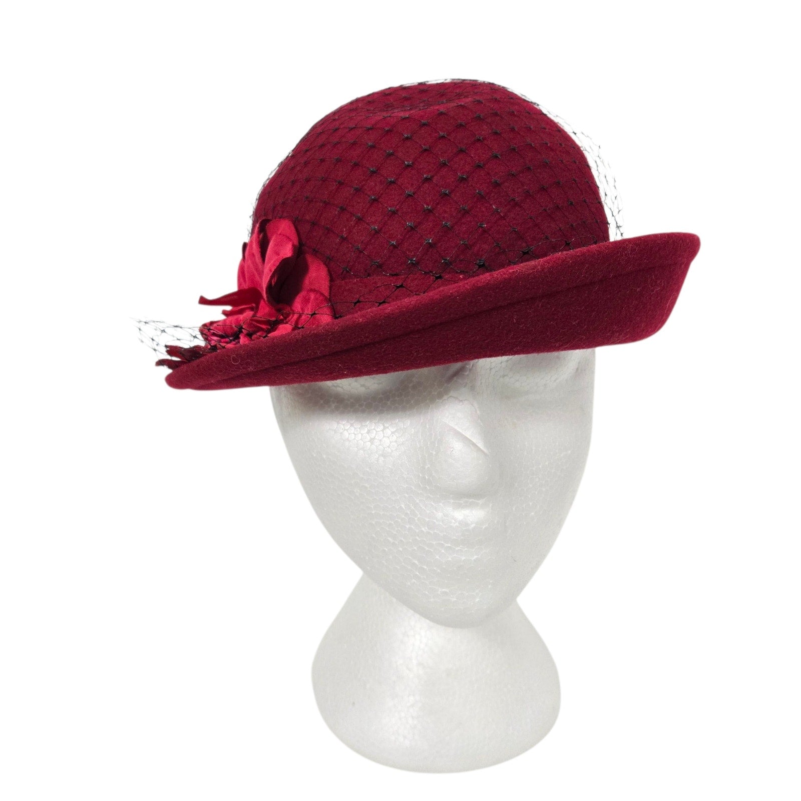 Vintage Betmar Cloche Hat Red Felt Wool Brim Winter Dressy USA Veil Flowers 40s 50s Style Fascinator Small