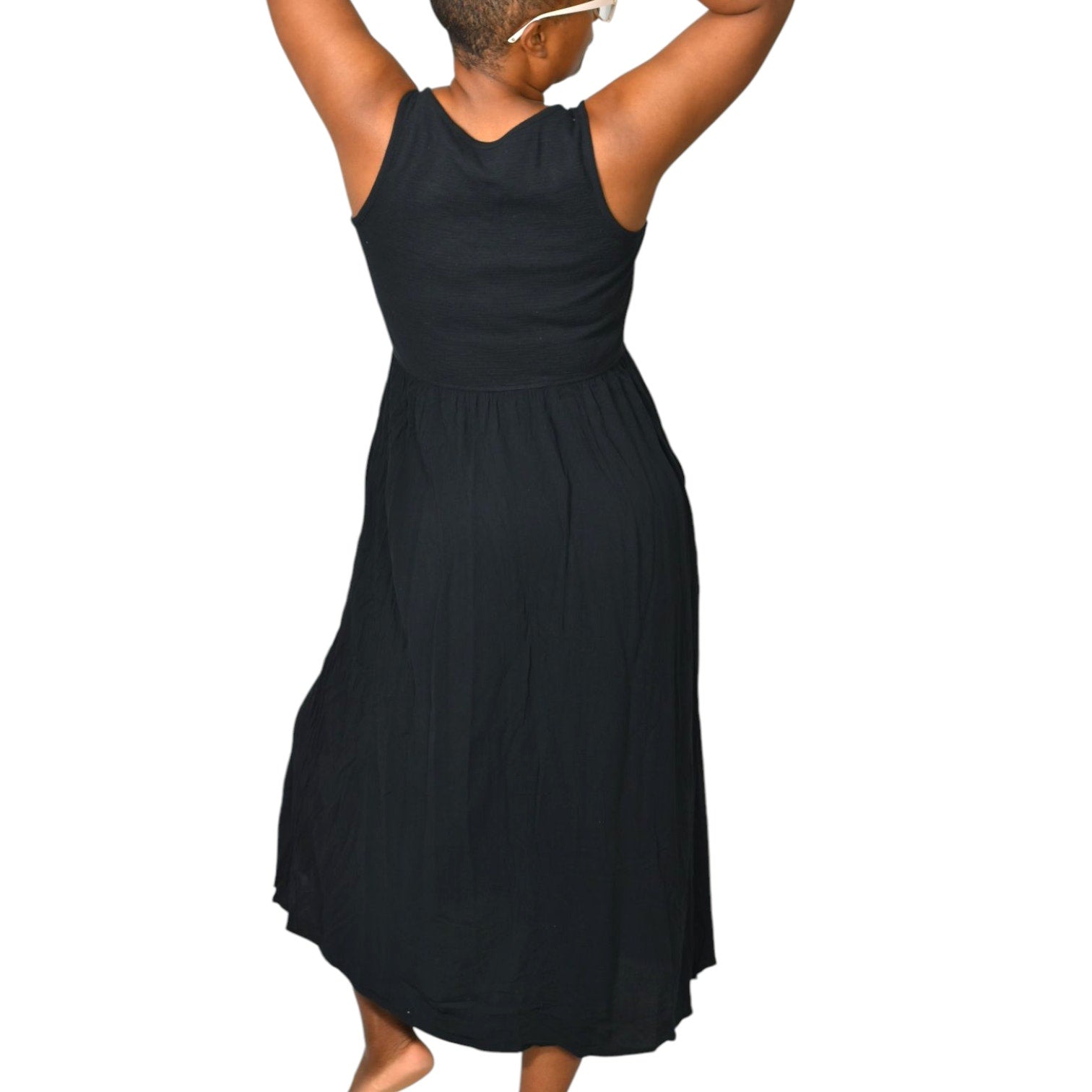 Frye Easy Button Front Dress Black Midi Minimalist Tank Jersey Knit Pockets Rayon XS