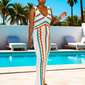 Solid Striped Aubrey Crochet Maxi Cover Up Dress White Rainbow Vertical Stripe Knit Small