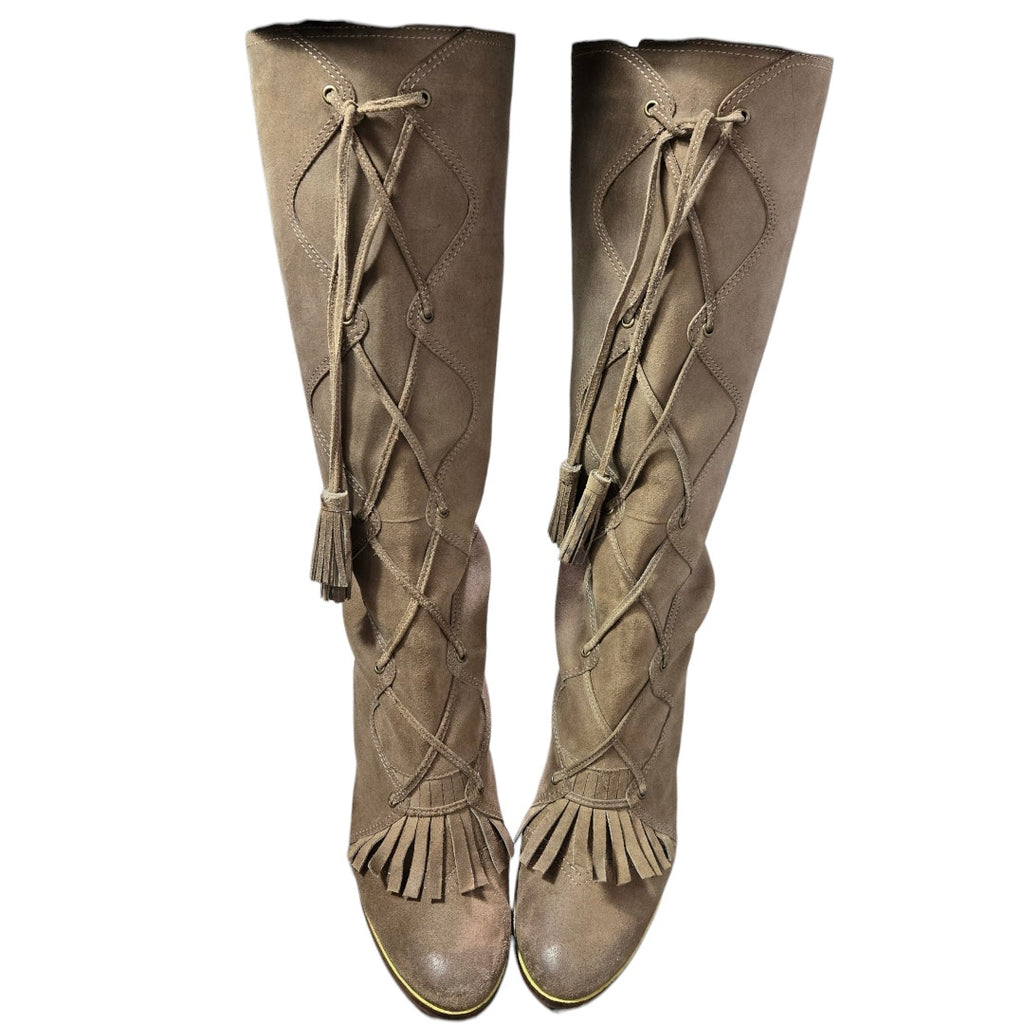 Tracy Reese Alexia Suede Tall Boots Brown Tan Leather Fringe Kiltie Laces Tassel Heel 8