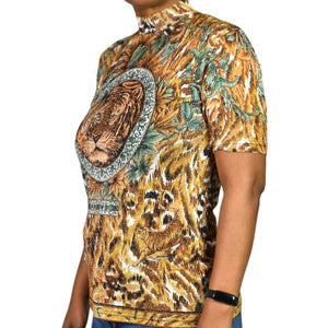 Vintage Lion Portrait Shirt Brown Baroque Jungle Top Shimmer 90s Y2k Metallic Sheer Knit Size Small