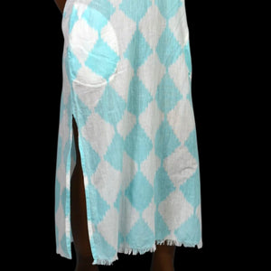 Lula Soul Cotton Caftan Blue Diamond Print Fringe Lightweight Dress Maxi Slits Cover Up Tunic XS
