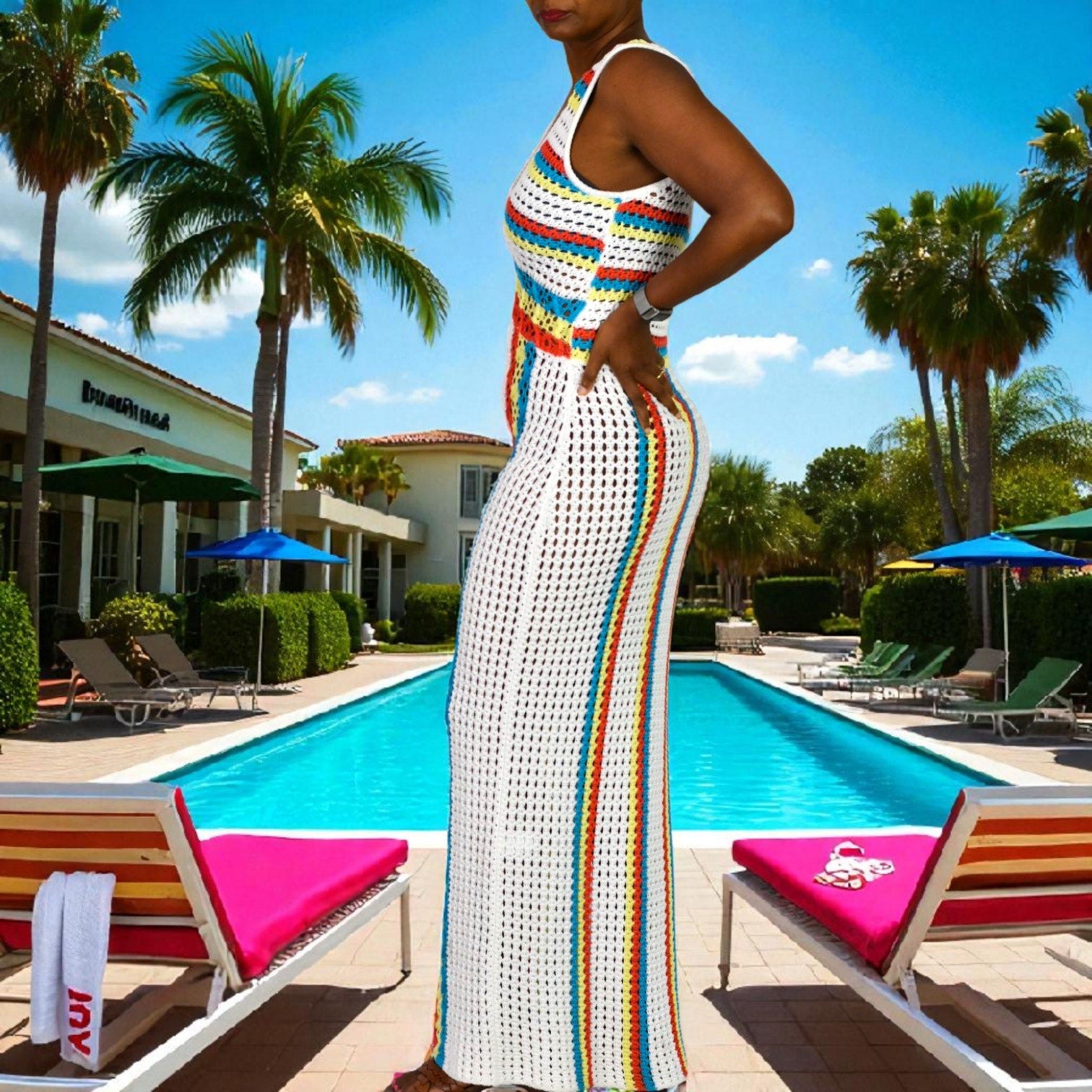 Solid Striped Aubrey Crochet Maxi Cover Up Dress White Rainbow Vertical Stripe Knit Small
