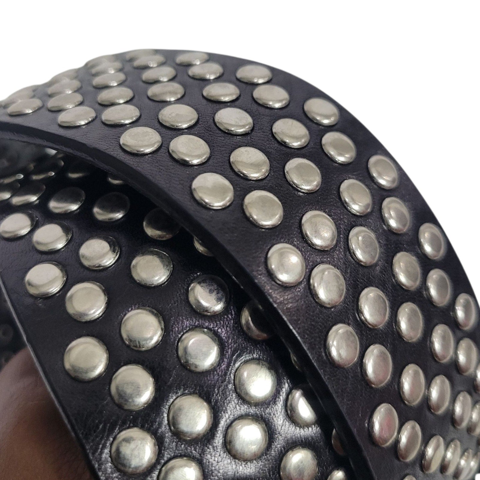 Guess Studded Leather Belt Silver Rivet Black Brass Buckle Edgy Moto Biker Large