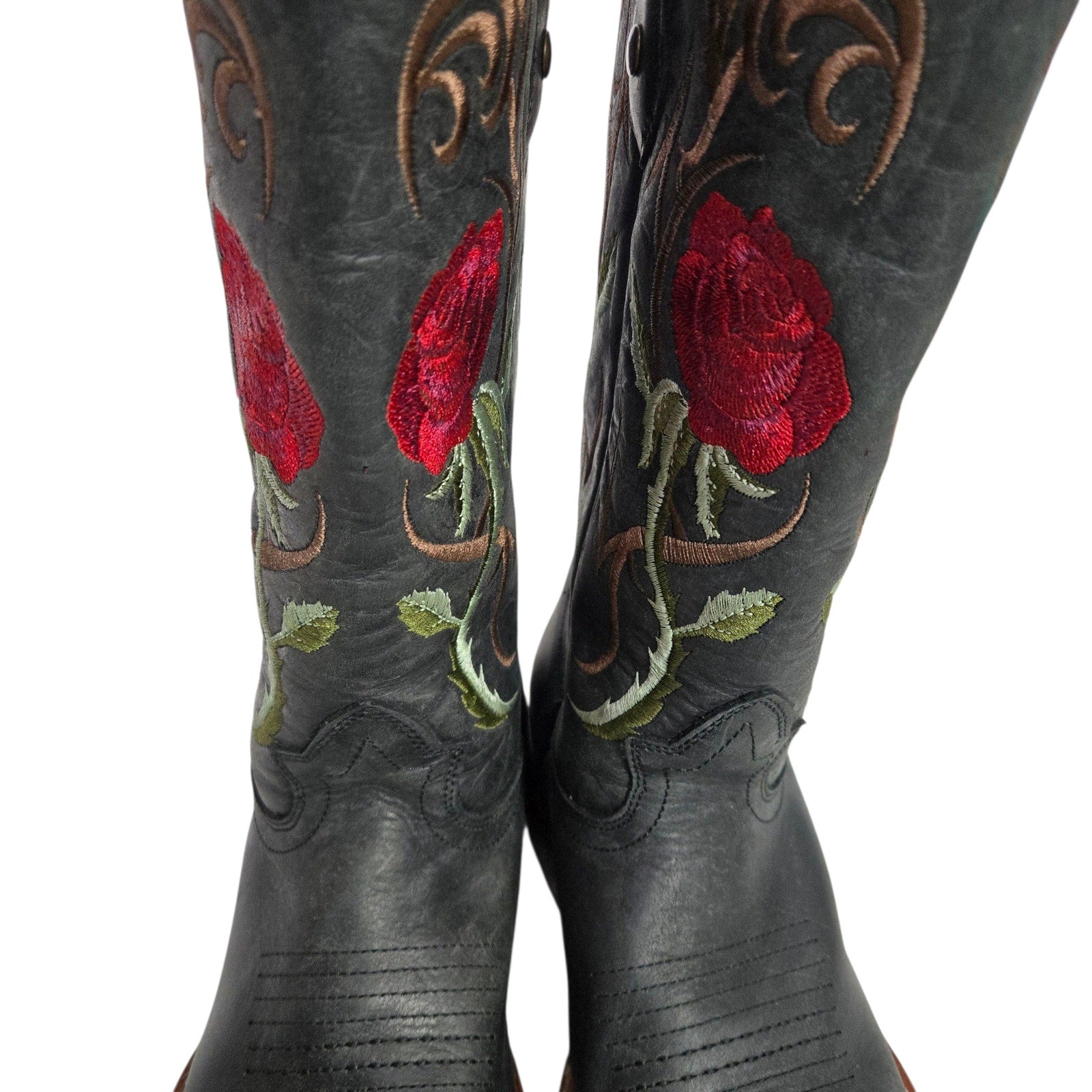 Rockem Rose Embroidered Cowboy Boots Black Western Cowgirl Square Toe Leather 7 Girls