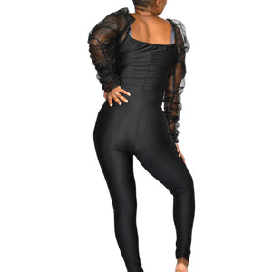 Lips Inc USA Jumpsuit Black Mesh Sheer Chiffon Puff Long Sleeve Bustier Bodysuit Small