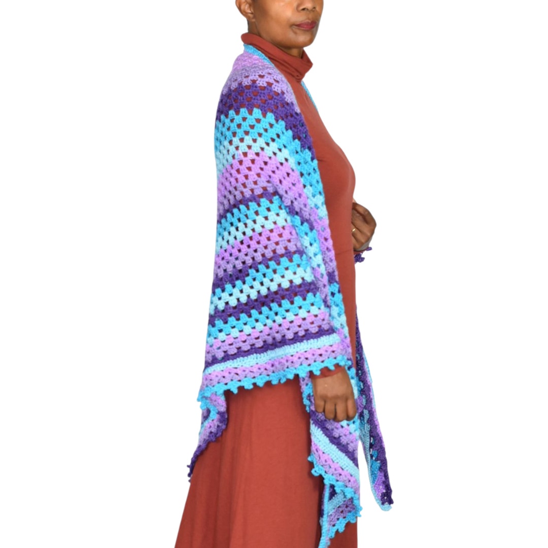 Hand Knit Crochet Shawl Blue Purple Ombre Blanket Wrap Triangle Granny Squares Vintage Afghan One Size S M L