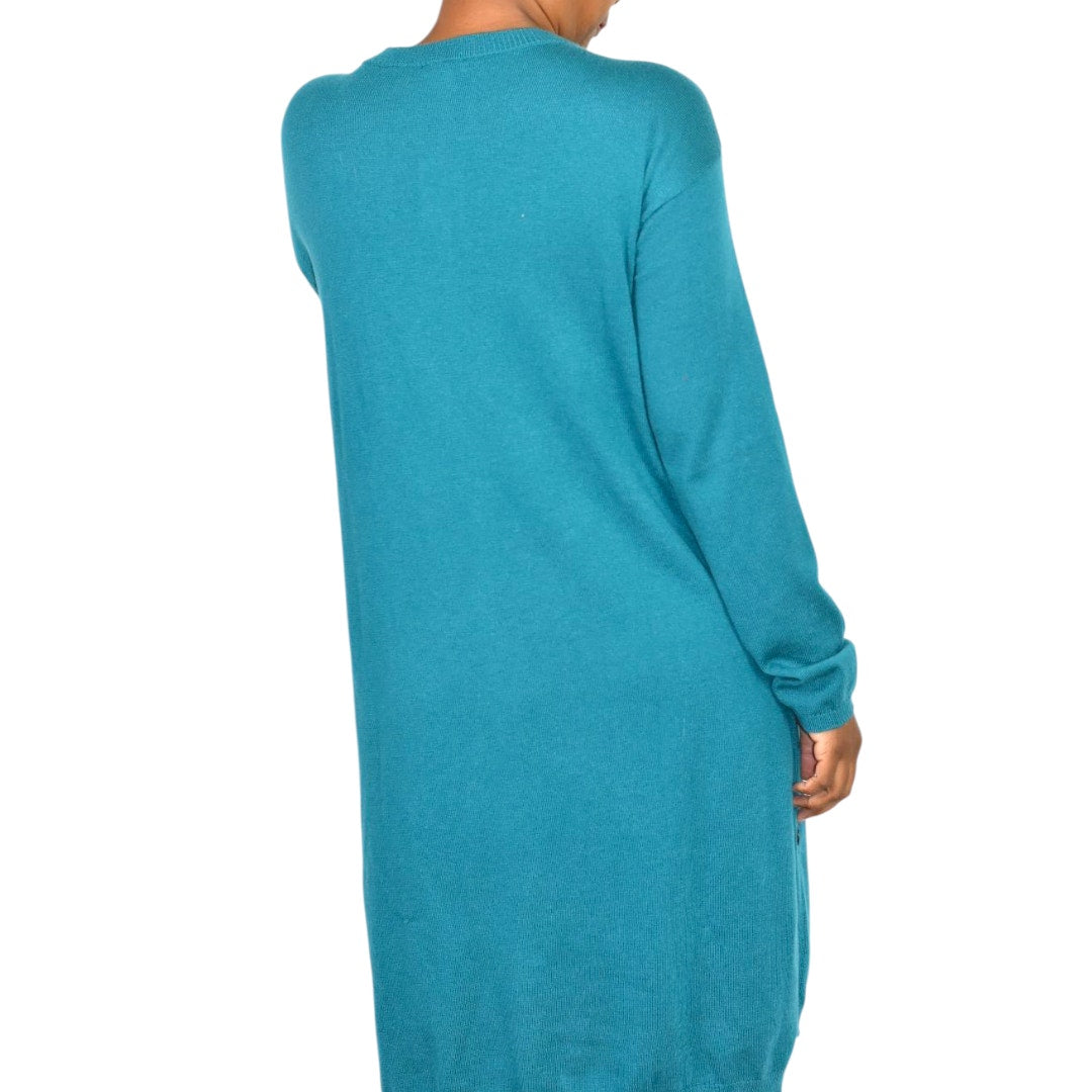 J Jill Longline Cardigan Sweater Green Teal Blue Long Duster Knit Classic Medium