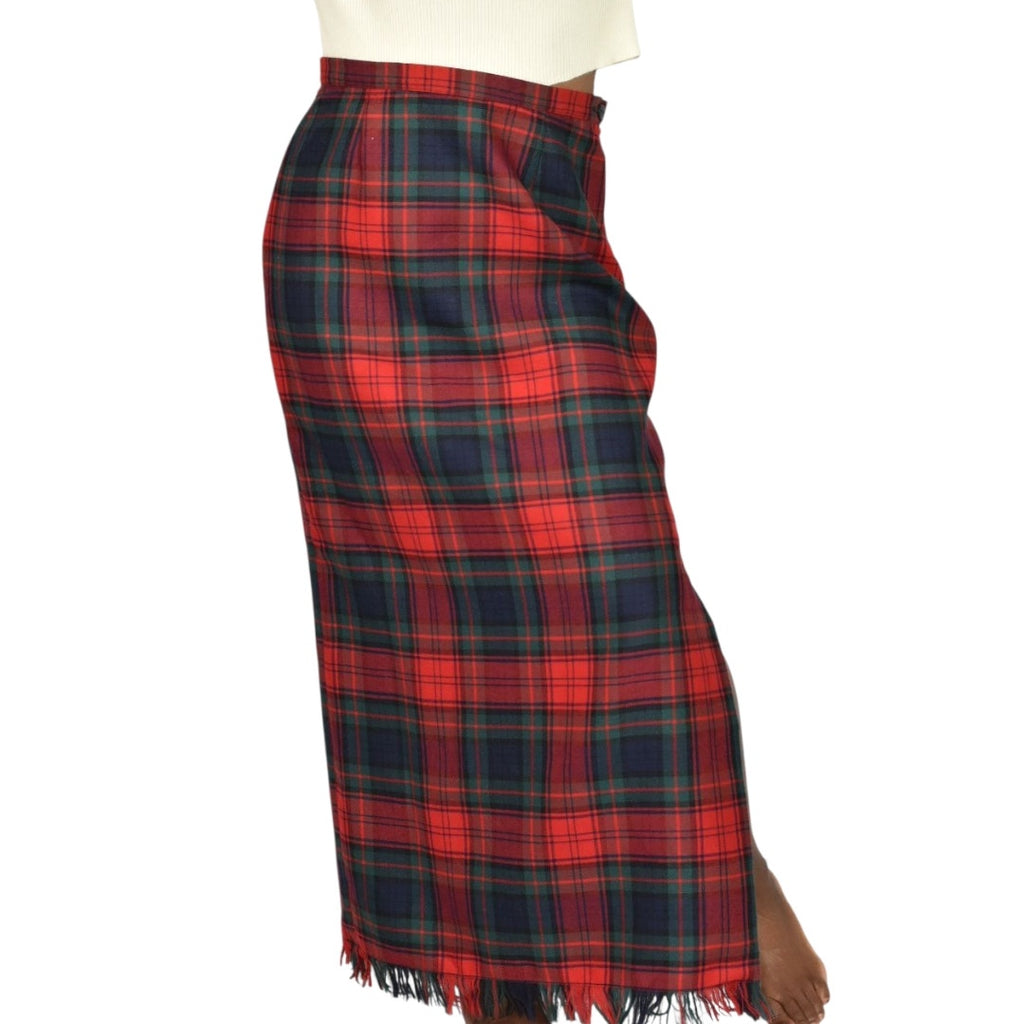Vintage Rafaella Sport Tartan Maxi Skirt Red Plaid Check Fringe Slit Wool Long Straight Column 8