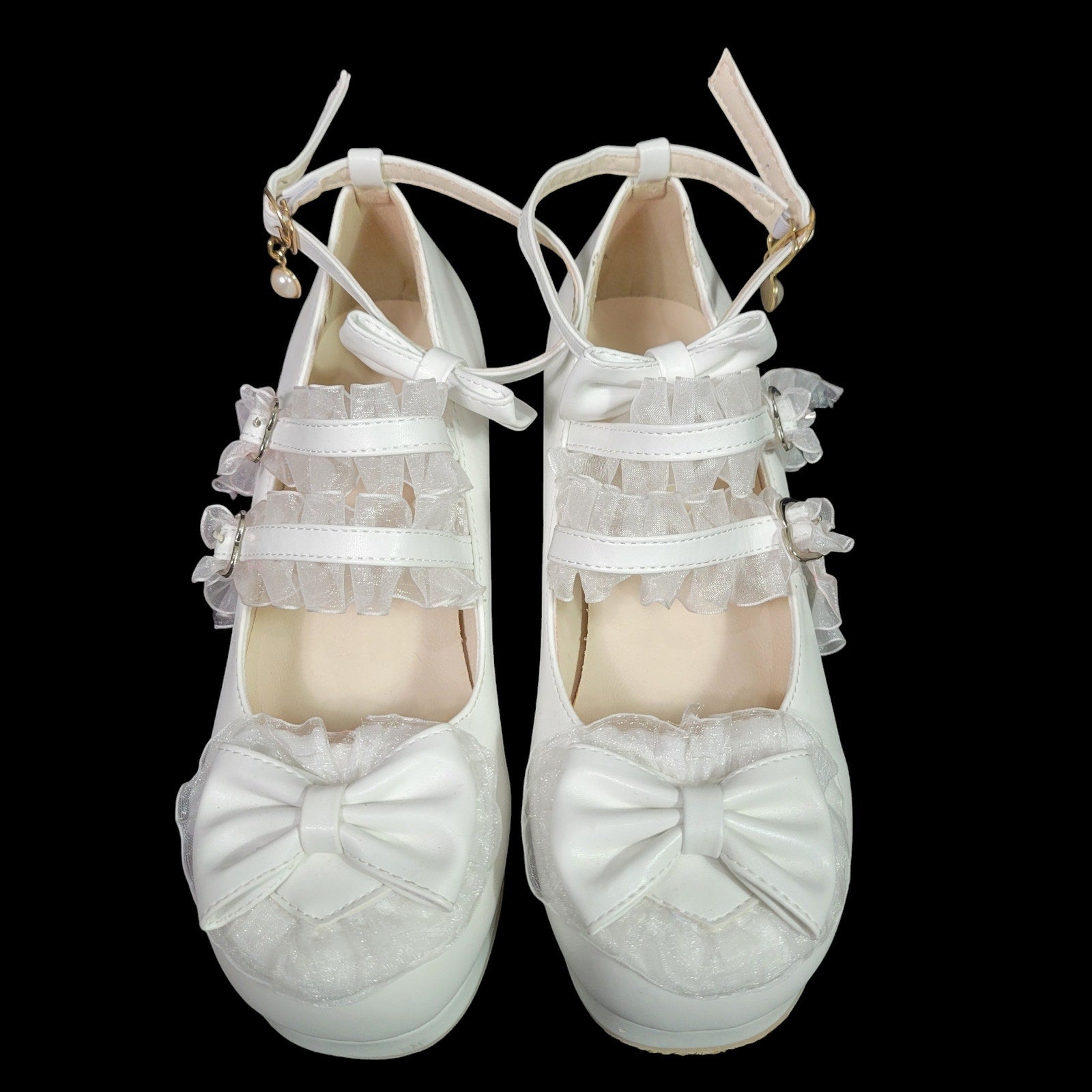 Lolita Mary Jane Shoes White Bows Ribbons Chunky Block Heels Platform Coquette Frilly Size 8