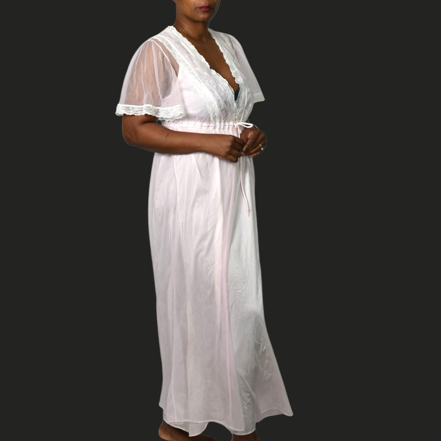 Vintage Katz Peignoir Set Baby Pink Chiffon Sheer Nylon Negligee Gown Robe Large