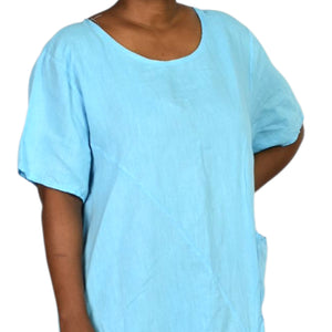 Fenella Linen Dress Blue Crinkled Lagenlook Ruched Pockets Italian Asymmetric Pockets One Size S M L XL