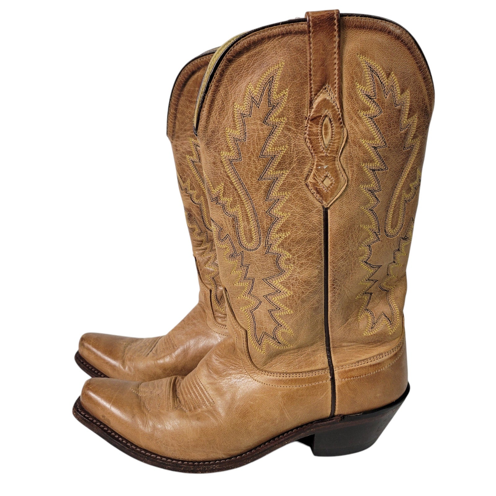 Old West Jama Cowboy Boots Tan Brown Snip Toe Western Fashion Leather 7.5