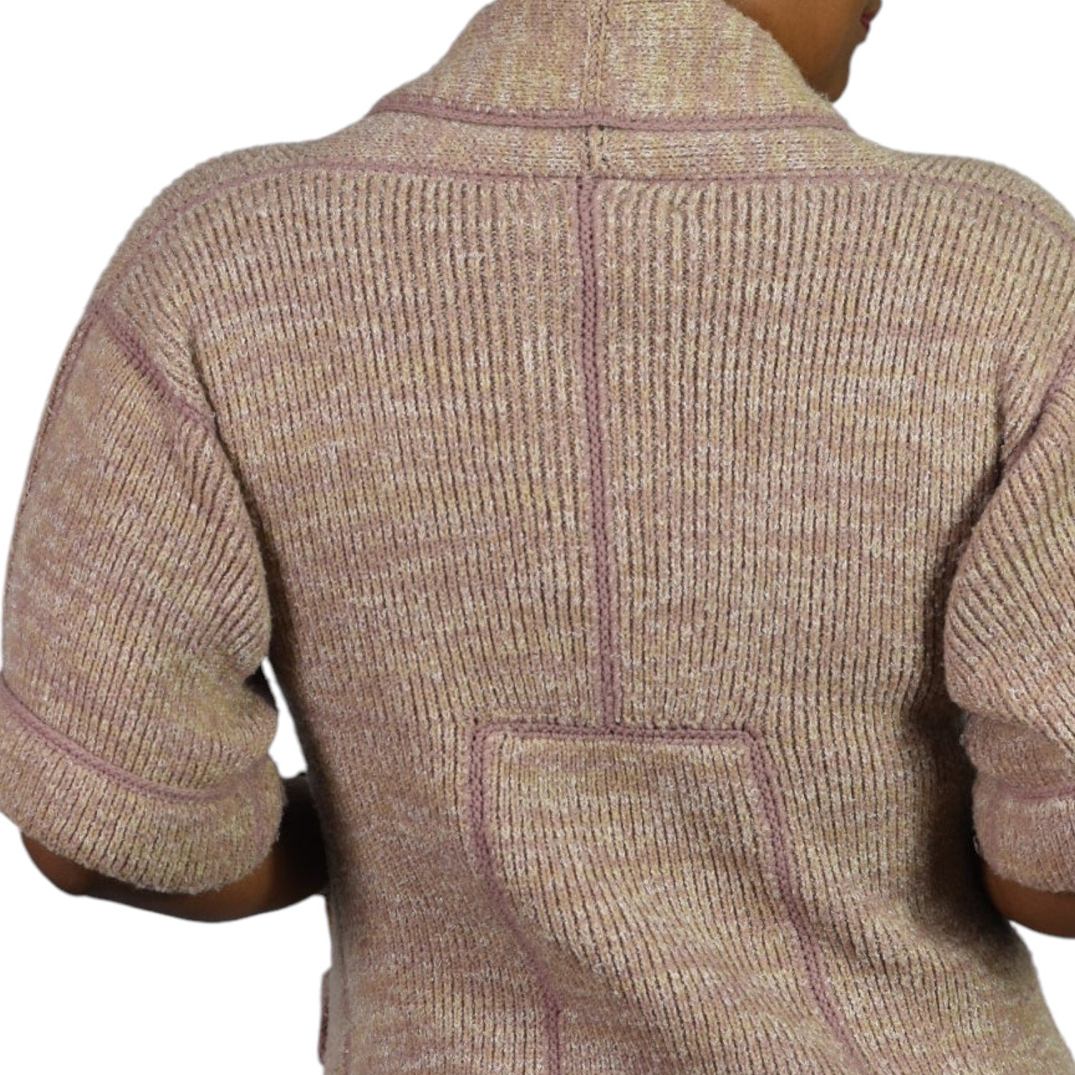 Vintage Huk A Poo Cardigan Sweater Tan Short Sleeve Knit Shawl Collar Lettuce Hem 70s Large