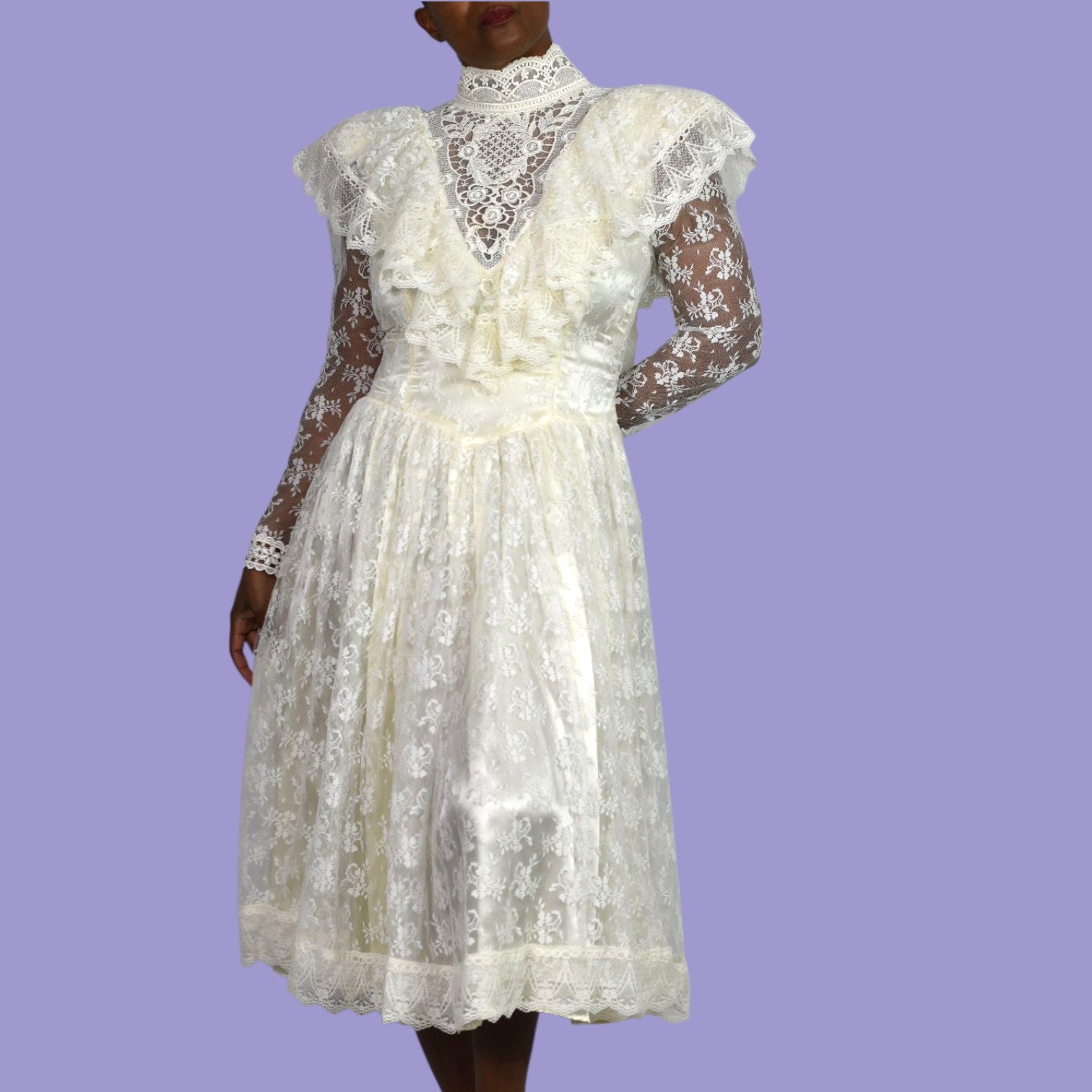 Vintage Jessica McClintock Bridal Dress Ivory White Lace Yoked Frilly Victorian Ruffle Bib Wedding Small 4