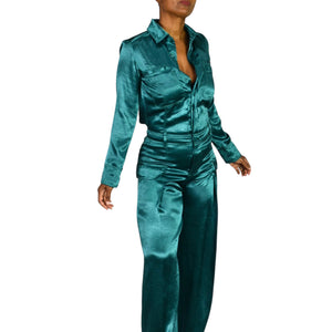 Free People Night Like This One Satin Jumpsuit Green Emerald Jewel Tone Silky Flare Wide Leg Cutout Utility XS