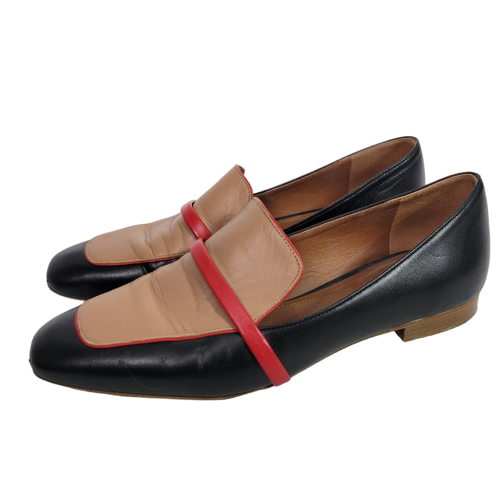 Malone Souliers Jane Flats Black ColorBlock Nappa Leather Dress Shoe Slip On Loafer Size 7.5