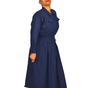 Blue Berry Retro Office Midi Dress Blue Navy Shirt Shoulder Pads Collar Pleated Small 2 4