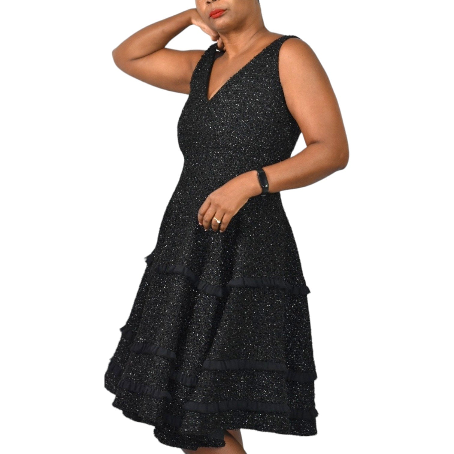 Abbey Glass Black Dress Tweed Boucle Textured Sparkle Shimmer Fit And Flare Tiered Full Midi Swing Knit Size 4