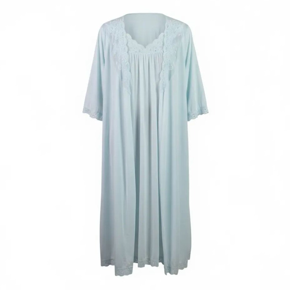 Vintage Shadowline Peignoir Set Blue Baby Powder Chiffon Sheer Nylon Negligee Gown Robe XL