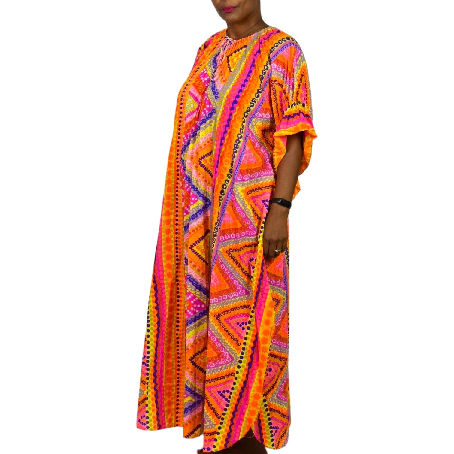 Vintage Abstract Psychedelic Accordion Caftan Dress Pink Geo Neon Dayglo Rainbow Print Maxi 60s 70s One Size S M L