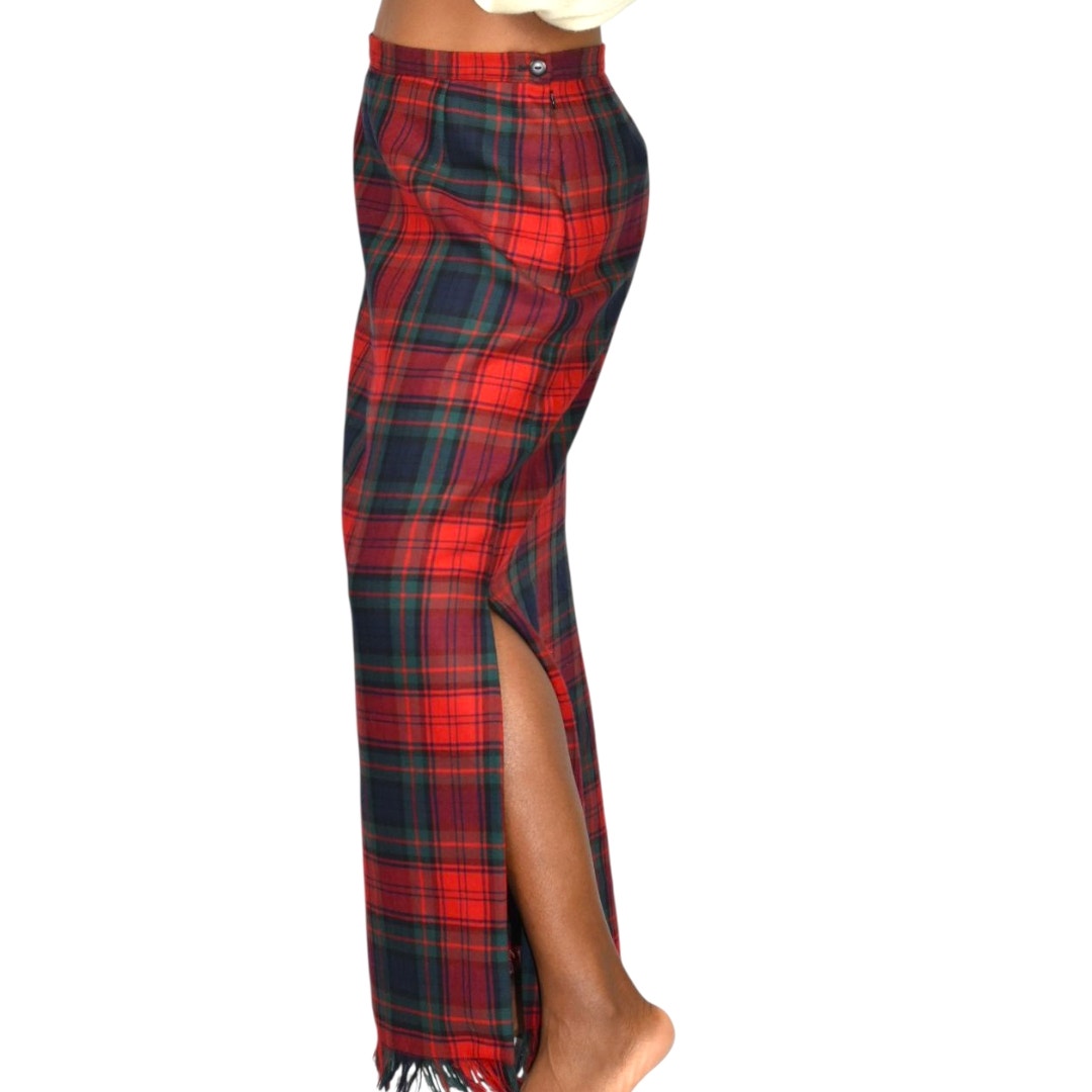 Vintage Rafaella Sport Tartan Maxi Skirt Red Plaid Check Fringe Slit Wool Long Straight Column 8