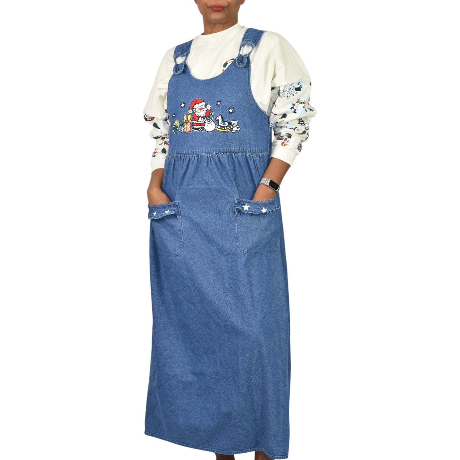 Westbound Vintage Christmas Dress Blue Jean Denim Pinafore Bib Overall Jumper Santa Claus Small