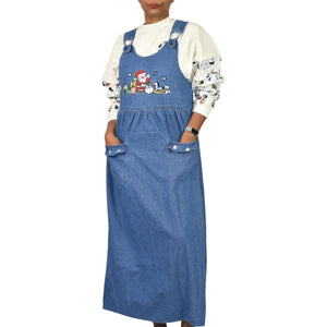 Westbound Vintage Christmas Dress Blue Jean Denim Pinafore Bib Overall Jumper Santa Claus Small
