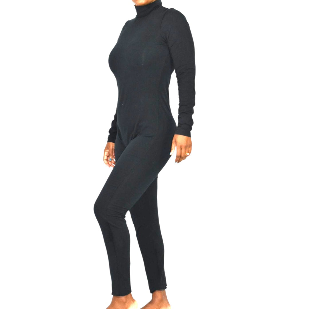 American Apparel Black Catsuit Cotton Spandex Long Sleeve Mock Neck Bodysuit Jumpsuit XL