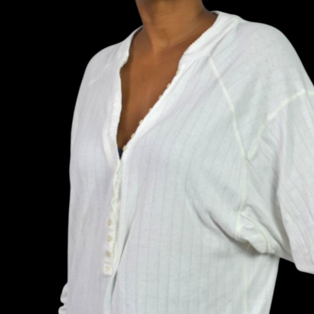 Free People Coffee Chat Pullover Top White Henley Tunic Pointelle Knit Ribbed Oversized Medium