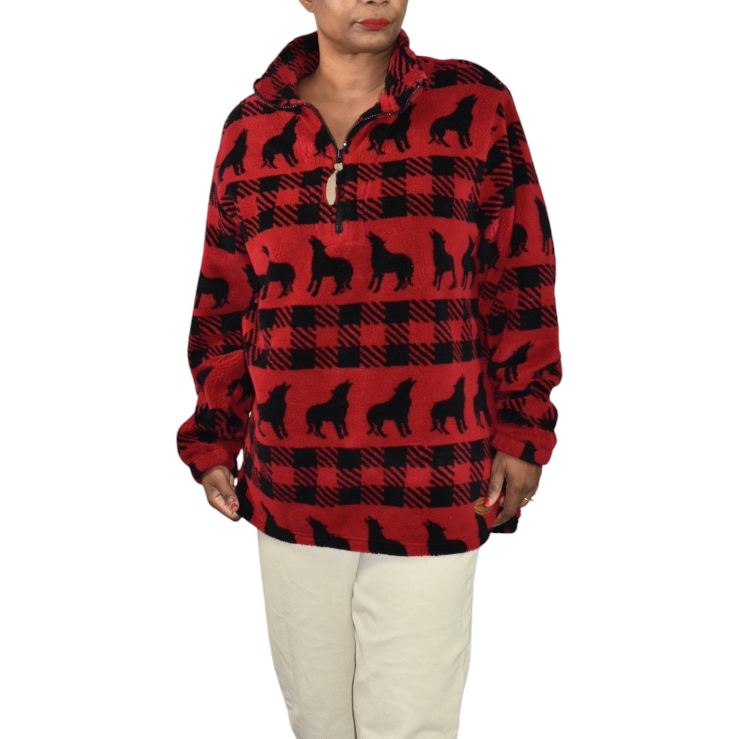 Woolrich Sherpa Fleece Jacket Red Quarter Zip Wolf Buffalo Plaid Ski Southwestern Blanket Size Large