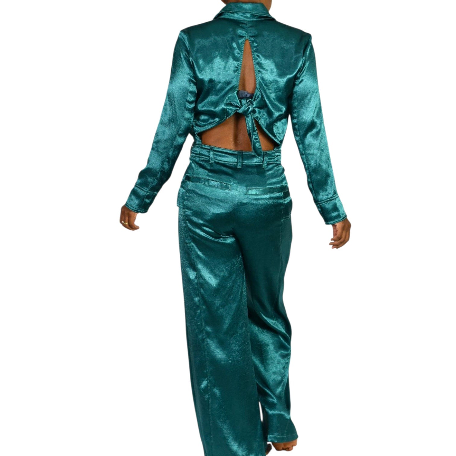 Free People Night Like This One Satin Jumpsuit Green Emerald Jewel Tone Silky Flare Wide Leg Cutout Utility XS