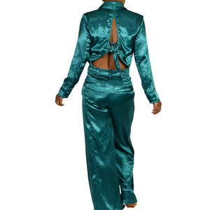 Free People Night Like This One Satin Jumpsuit Green Emerald Jewel Tone Silky Flare Wide Leg Cutout Utility XS