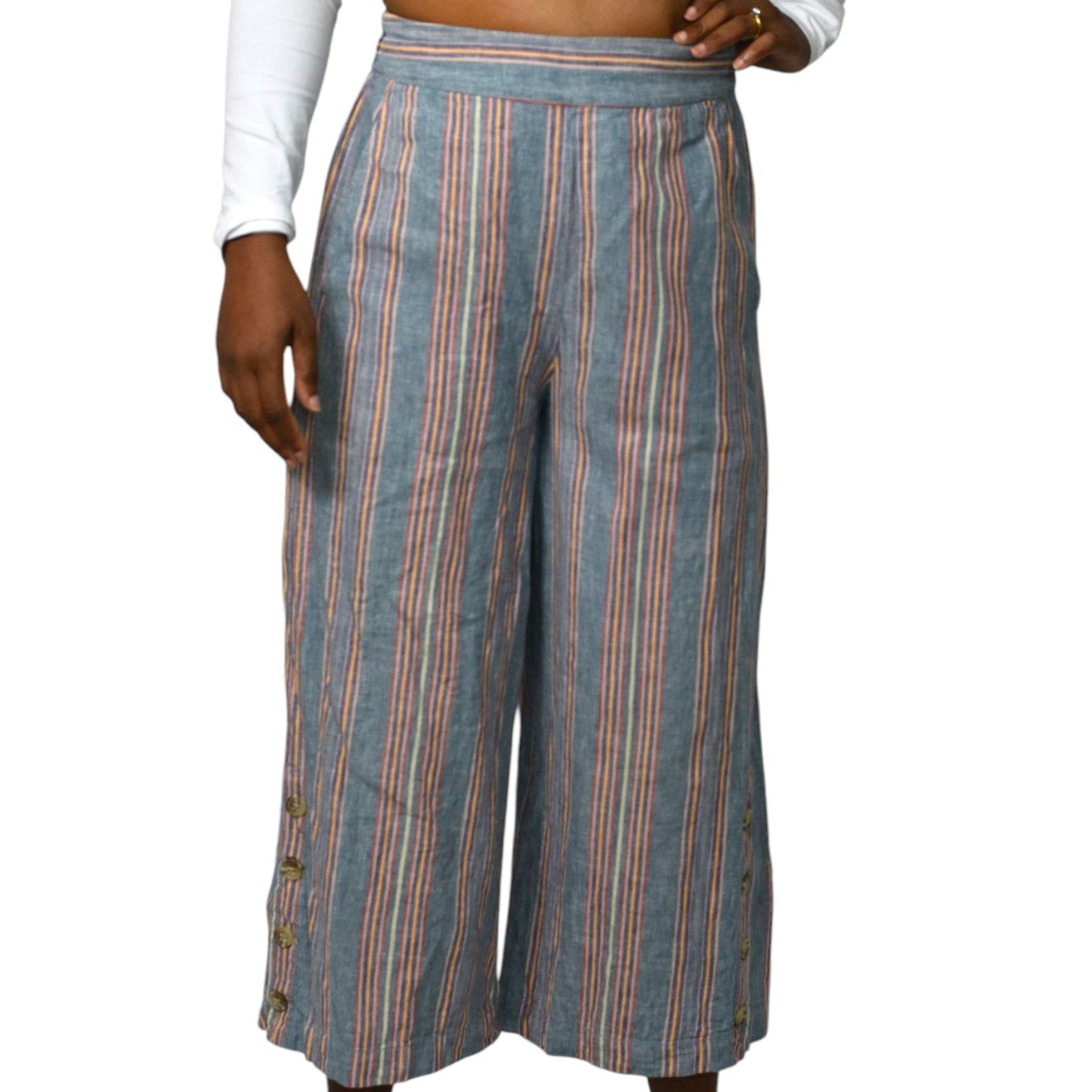 Madewell Huston Crop Pants Blue Side Button Pull On Linen Stripe Wide Leg High Waist Small
