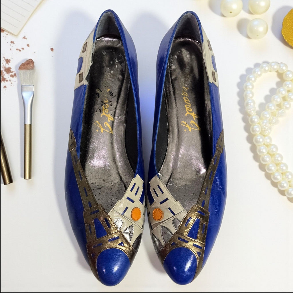 Vintage Margaret J Eiffel Tower Pumps Blue Leather Paris France Kitten Heel Almond Toe 8