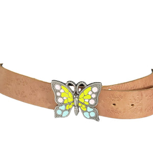 Fossil Butterfly Leather Belt Tan Brown Buckle Retro Hippie Tooled Embroidered Small