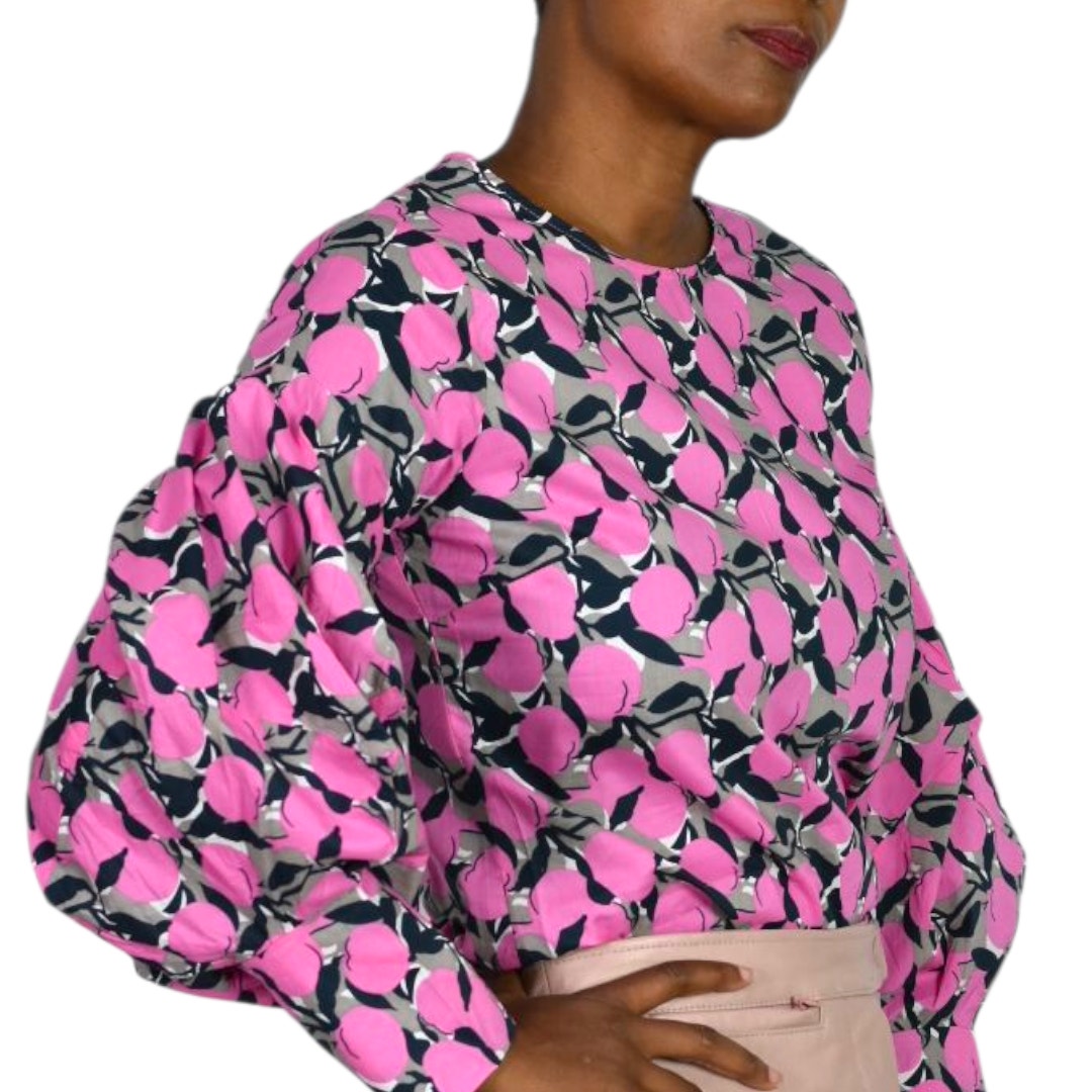 The Sang Fruit Floral Print Blouse Pink Cotton Poplin Statement Balloon Sleeves Top Small