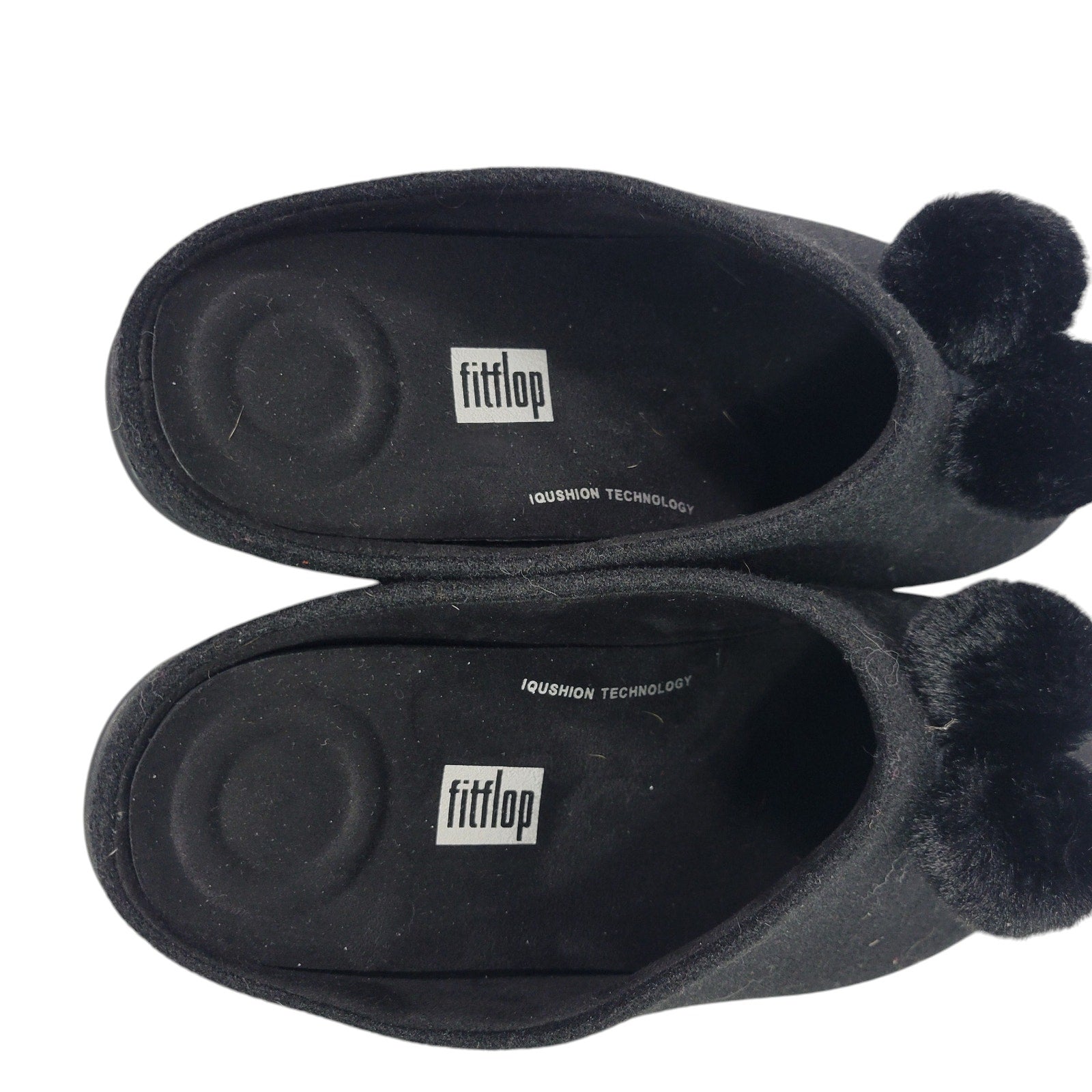 Fitflop Chrissie Slippers Black Felt Pom Pom Mules Slip On Slides Flats Lounge 8