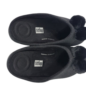 Fitflop Chrissie Slippers Black Felt Pom Pom Mules Slip On Slides Flats Lounge 8