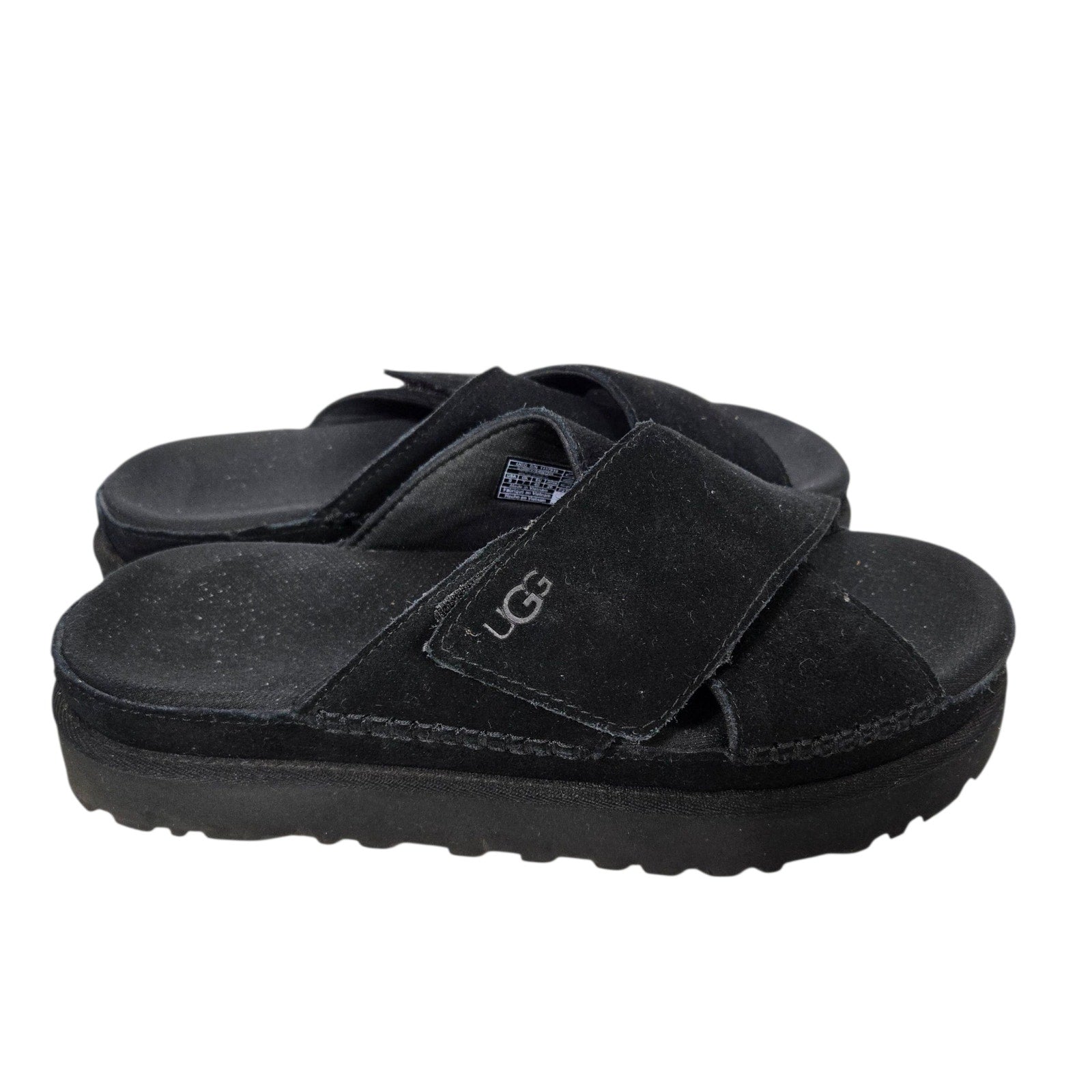 Ugg Goldenstar Cross Slide Sandals Black Platform Open Toe Suede Chunky Lug Sole Flat Form Criss Cross 9