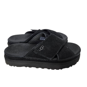 Ugg Goldenstar Cross Slide Sandals Black Platform Open Toe Suede Chunky Lug Sole Flat Form Criss Cross 9