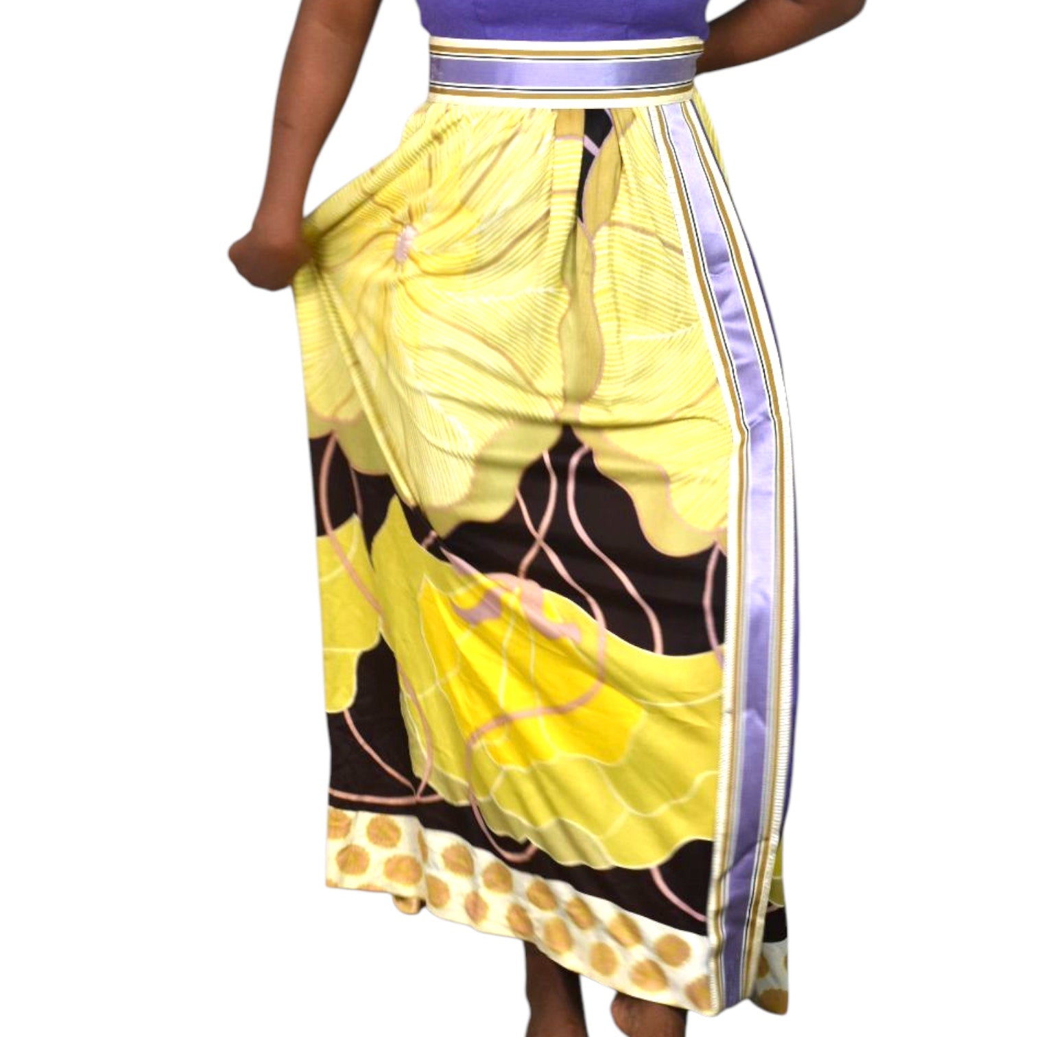 Vintage 70s Maxi Dress Purple Yellow Joseph Brennan Column Straight Linen Print Size XS