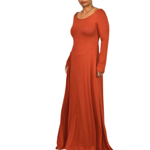 Soft Surroundings Maxi Dress Orange Clay Jersey Long Stretch Fit Flare Boatneck Medium