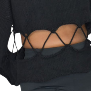 Manuelle Guibal Paris Sweater Black Knit Cropped Cutout Lace Up Long Sleeve Oversized Boxy Large